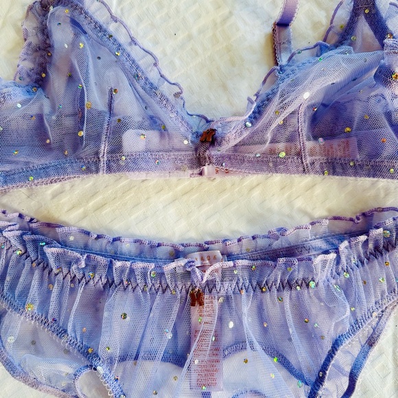Savage X Fenty PURPLE LAVENDER SPARKLE PUFF BRALETTE & CUT-OUT BIKINI Panty Set - Picture 4 of 15